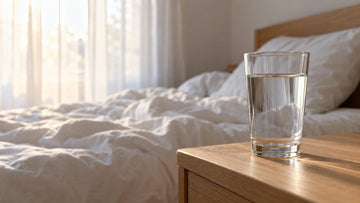 A glass of water on a bedside table beside rumpled bed sheets in soft morning light