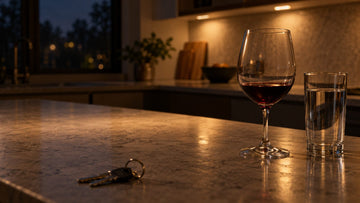 A wine glass with a little red wine left beside a glass of water and a set of car keys on a kitchen counter at night