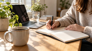 Person writing in a notebook at a sunny desk with a cup of coffee, a laptop and a glass of water