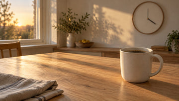 A cup of black coffee on a wooden kitchen table with a wall clock behind it showing late afternoon