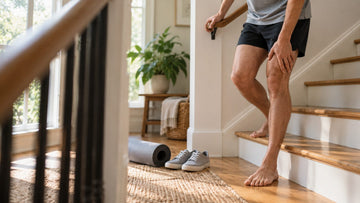 Person holding the handrail and rubbing a sore thigh while walking down stairs after a workout