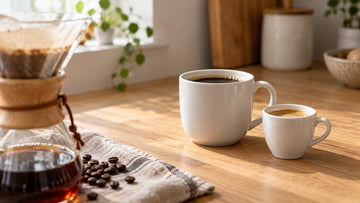 A mug of brewed coffee beside a small espresso cup and a pour-over coffee maker on a wooden counter