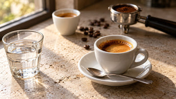 A double shot of espresso with thick crema in a white cup on a saucer, with a single shot, a glass of water, coffee beans and a portafilter on a stone counter