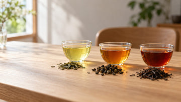 Three glass cups of green, oolong and black tea, from pale green to amber to deep reddish brown, with loose leaves in front on a wooden table