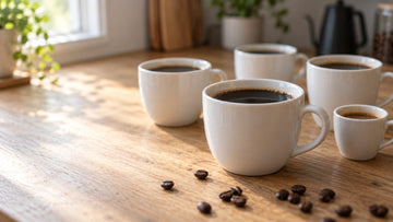 Four white cups of black coffee and a small espresso cup on a wooden counter, with coffee beans scattered in front