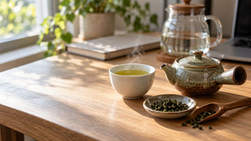 A white cup of pale green tea and a small ceramic side-handle teapot beside a dish of loose green tea leaves on a sunny wooden desk