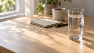 A half-finished cup of coffee pushed aside on a desk next to a glass of water in soft daylight