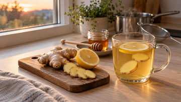 A glass mug of golden ginger tea with ginger slices and a lemon wheel beside sliced fresh ginger, half a lemon and a jar of honey on a wooden kitchen counter