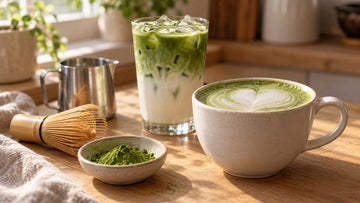 A hot matcha latte with a milk-foam heart next to an iced matcha latte, a bamboo whisk and matcha powder