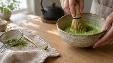 A bamboo whisk frothing bright green matcha in a ceramic bowl, with a small sieve and a scoop of matcha powder on a wooden table