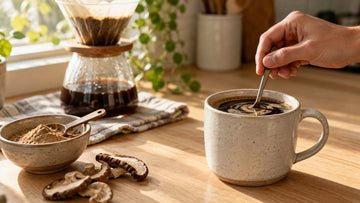 A hand stirring a mug of coffee beside a bowl of mushroom extract powder, dried mushroom slices and a pour-over coffee maker