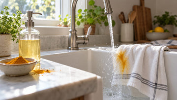 A white kitchen towel with a turmeric stain being rinsed under cold running water in a sink, next to a bowl of turmeric powder and a bottle of dish soap