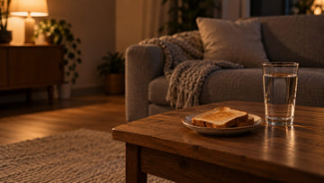 A glass of water and a plate of toast on a coffee table beside a sofa with a folded blanket in dim evening light