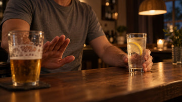 Person pushing away a glass of beer and holding a glass of water with lemon at a bar counter
