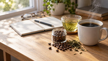 A white mug of black coffee and a glass cup of green tea on a sunny wooden desk with roasted coffee beans, loose tea leaves, a notebook and reading glasses