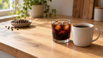 A glass of iced cold brew beside a steaming cup of hot black coffee on a wooden counter, with a dish of coffee beans behind