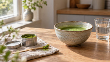 A bowl of whisked matcha on a wooden table beside a glass of water, an open tin of matcha powder and a bamboo scoop