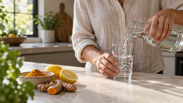 Person pouring a glass of water beside turmeric powder, fresh turmeric root and lemon on a kitchen counter