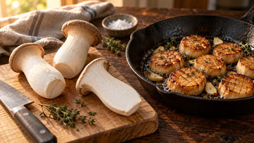 Whole and halved king trumpet mushrooms with thick white stems on a wooden board, beside a cast-iron skillet of seared, crosshatch-scored king trumpet rounds with garlic and thyme