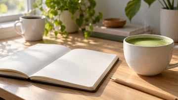 A cup of hot matcha on a wooden desk next to an open blank notebook and a pencil, with a mug of black coffee in the background