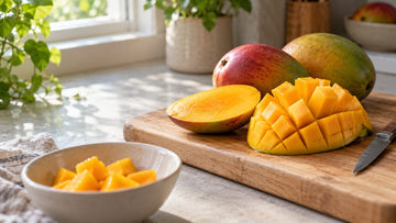 A scored mango cheek turned into golden cubes beside a mango half and two whole mangoes on a wooden board, with a bowl of mango cubes in front
