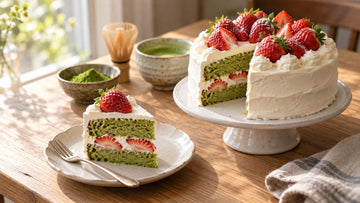 A strawberry matcha layer cake with whipped cream on a white cake stand, with a cut slice showing green sponge layers and sliced strawberries, and a bowl of matcha powder and a bamboo whisk behind