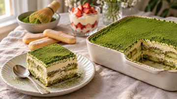 A square of matcha tiramisu showing layers of matcha-soaked ladyfingers and mascarpone cream on a white plate, beside a baking dish of matcha-dusted tiramisu, ladyfingers, a strawberry tiramisu cup and a bowl of matcha with a bamboo whisk