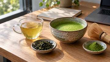 A ceramic bowl of frothy bright green matcha beside a glass cup of pale steeped green tea, with a bamboo whisk and small dishes of matcha powder and loose tea leaves on a sunny wooden desk