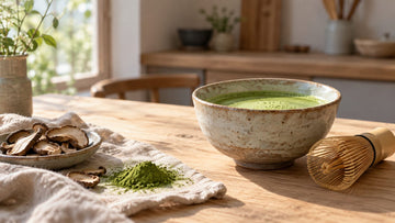 A bowl of frothy matcha with a bamboo whisk, dried mushroom slices and matcha powder on a wooden table
