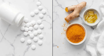 Turmeric supplements and fresh root compared to ibuprofen tablets - natural versus pharmaceutical pain relief options side by side