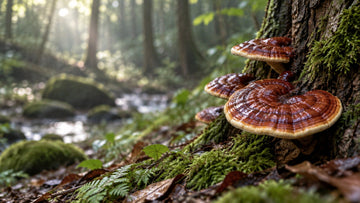 Glossy reddish-brown reishi mushrooms with pale edges growing from the base of a tree in a shaded forest