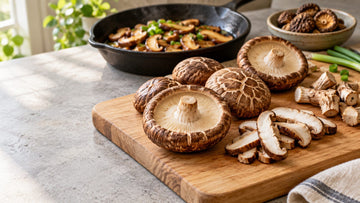 Fresh shiitake mushrooms on a wooden board, whole and sliced with trimmed stems, beside a cast-iron pan of sautéed shiitake and a bowl of dried shiitake