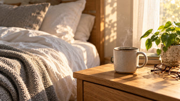 A steaming speckled mug of black coffee on a wooden bedside table beside an unmade bed, with reading glasses, a potted plant and morning sunlight through a sheer curtain