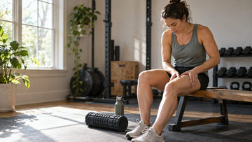 A woman sitting on a bench in a home gym massaging her sore thigh, with a foam roller and water bottle nearby