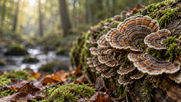 Turkey tail mushrooms with brown, tan and cream bands growing in overlapping fans on a mossy fallen log in a forest