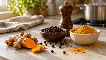 A ceramic bowl of ground turmeric beside a wooden bowl of whole black peppercorns and a wooden pepper mill, with fresh turmeric root and sliced orange rounds on a stone kitchen countertop