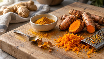 Fresh turmeric roots on a wooden cutting board, one cut open to show bright orange flesh, beside a mound of grated turmeric, a metal grater and a small bowl of ground turmeric, with fresh ginger in the background