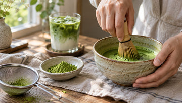 Hands whisking matcha in a ceramic bowl next to matcha powder, a sieve and an iced matcha latte