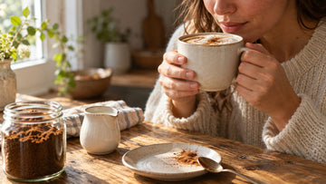Person about to sip a creamy coffee with cinnamon next to a jar of coffee powder and a small pitcher of oat milk
