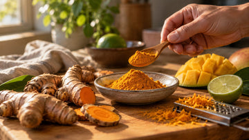 Wooden spoon of ground turmeric above a bowl of turmeric powder with fresh turmeric root, mango and lime