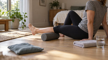 A person foam rolling a sore calf on a wooden floor next to a heat pack, towel and glass of water