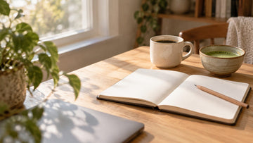 An open notebook and pencil on a wooden desk beside a cup of black coffee and a bowl of matcha in soft morning light