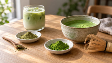 Bright green ceremonial-style matcha and duller culinary matcha powder side by side, with a whisked bowl of matcha and an iced matcha latte