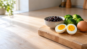 A hard-boiled egg cut in half beside a whole brown egg, a bowl of black beans and broccoli florets on a wooden board
