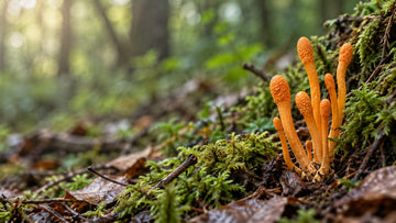 Slender orange club-shaped cordyceps fungi rising from the forest floor among moss and fallen leaves