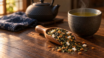 A wooden scoop of genmaicha, green tea leaves mixed with golden roasted rice and puffed rice grains, beside a gray ceramic cup of pale golden-green tea and a cast-iron teapot on a dark wooden table