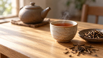 A speckled clay cup of steaming reddish-brown hojicha beside a dish of roasted tea leaves and stems, with a clay teapot behind on a wooden table