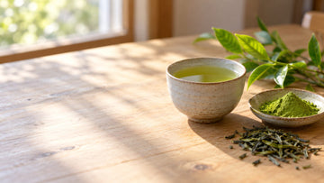 A cup of green tea beside a dish of matcha powder, loose dried tea leaves and a fresh tea sprig on a wooden table