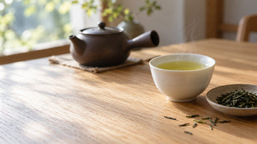 A small white porcelain cup of pale yellow-green sencha beside a dish of dark green needle-shaped tea leaves and a side-handled Japanese teapot on a light wooden table