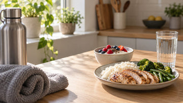 A post-workout meal of grilled chicken, rice and vegetables beside a bowl of Greek yogurt with berries and a glass of water